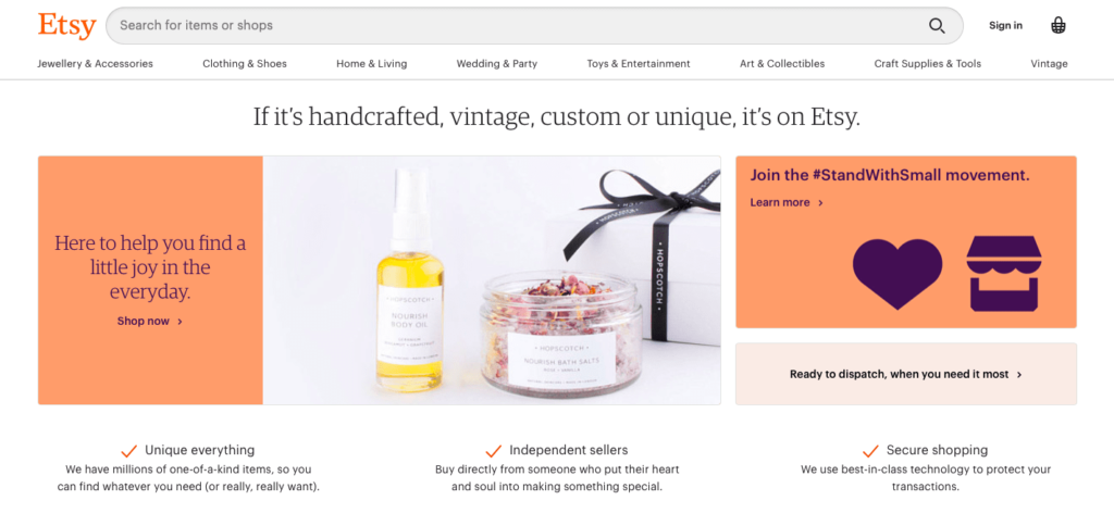 Etsy has updated their landing page due to covid-19
