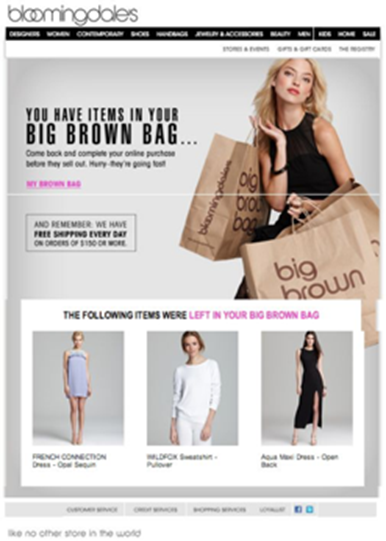 Bloomingdales' iconic brown bag is a great cart abandonment email for the happy holidays