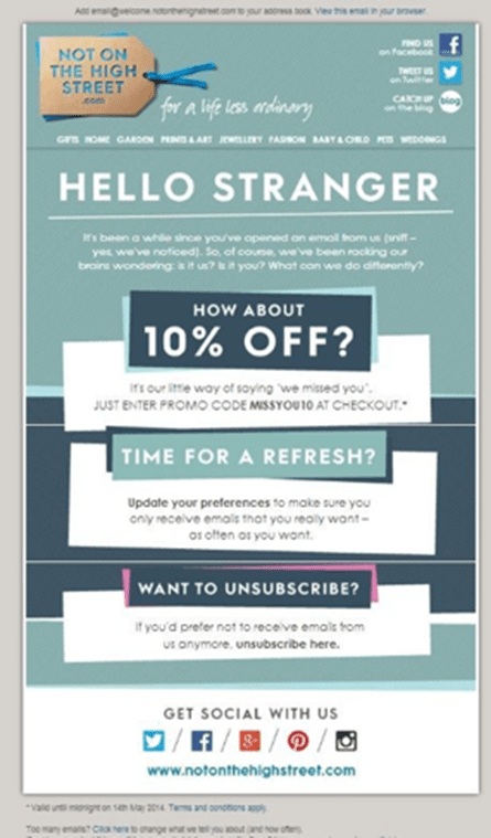 Not On The High Street uses a discount code for re-engagement