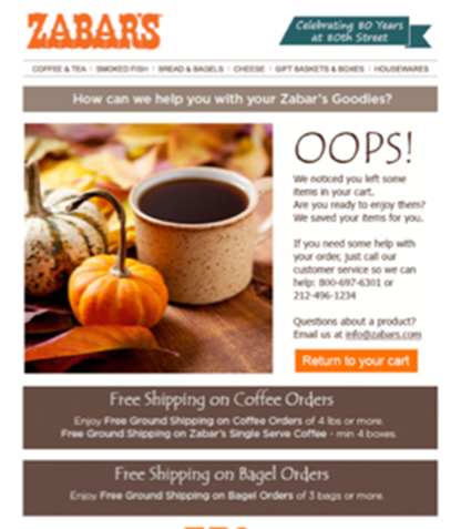 Zabar's uses cart abandonment emails to easily increase revenue