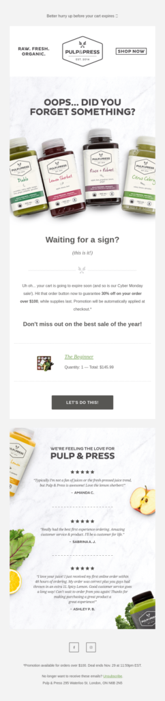 Add social proof elemtns to your automatic cart recovery emails for better results