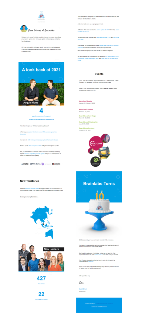 Brainlabs' annual newsletter shares words from the Founder