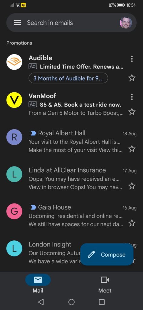 Gmail's promotions tab with logos and discounts