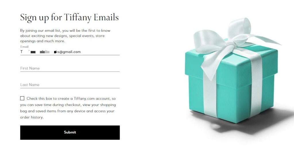 Tiffanys' newsletter sign up form