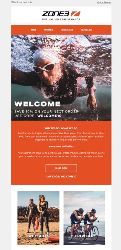 Zone3's welcome email delivering a coupon code