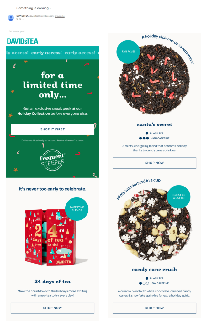 Email promoting exclusive holiday tea flavors