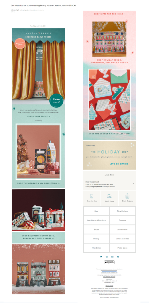 Anthropologie's Christmas email invites subscribers to join their VIP club