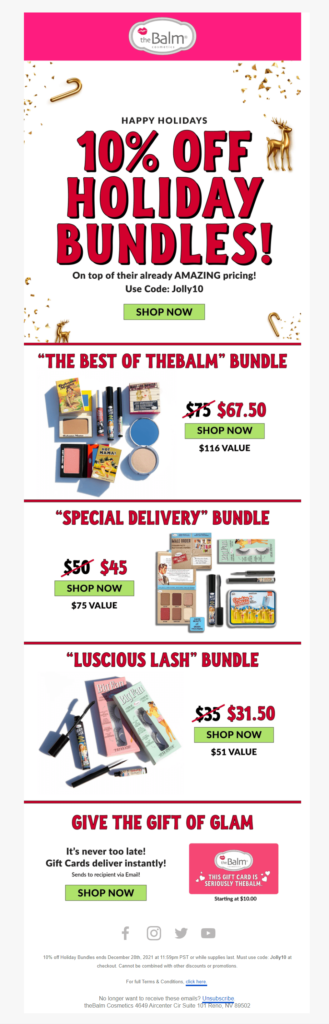 The Balm's Christmas newsletter is decorated with a 10% off coupon