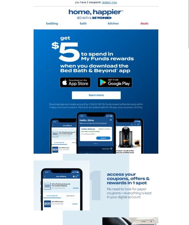 Bed Bath and Beyond email monetary incentive