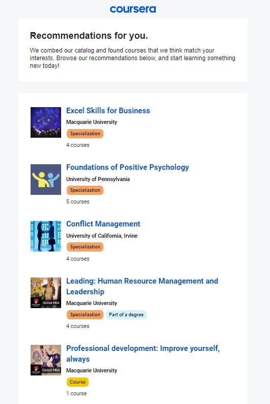 Coursera dynmically suggests courses based on behavior