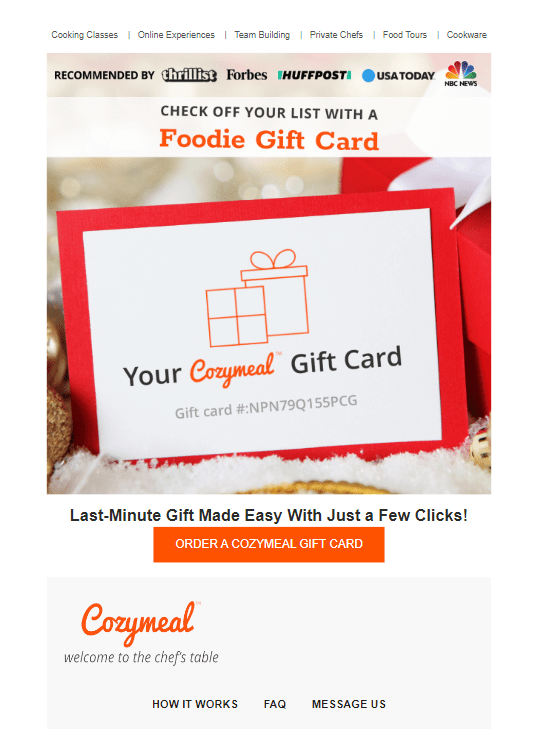 Cozymeal shares gift card ideas in their christmas email
