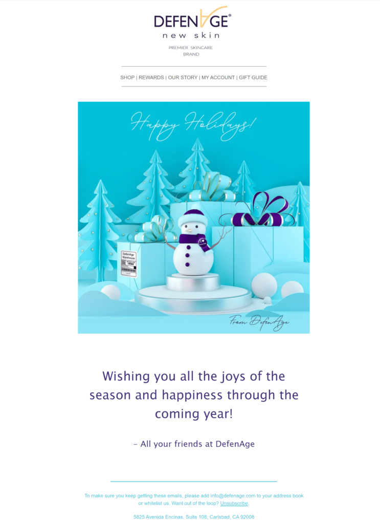 Defenage's happy holidays email keeps it simple and classic