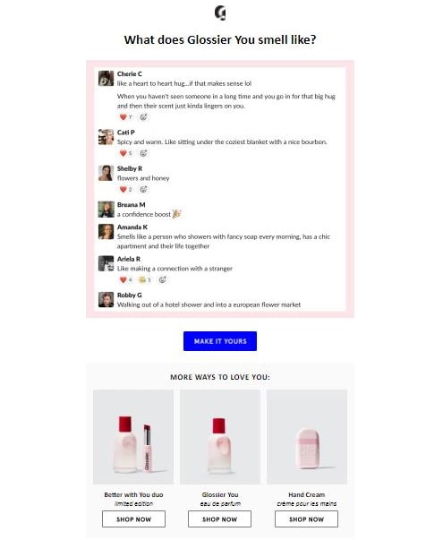 Team members from Glossier share thoughts in email