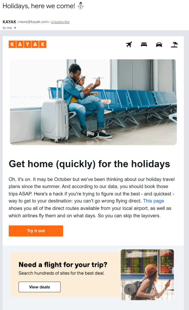Kayak's email has enticing offers for Christmas time