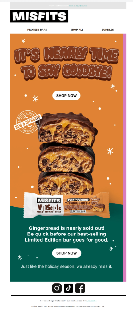 Misfit's Christmas email urges customers to shop for new flavors