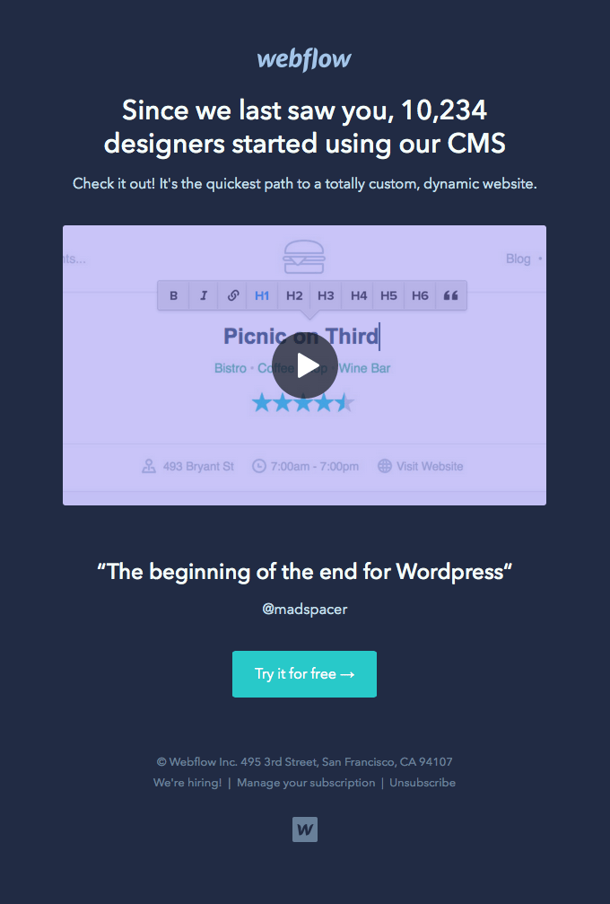 Miss you message from webflow including a video