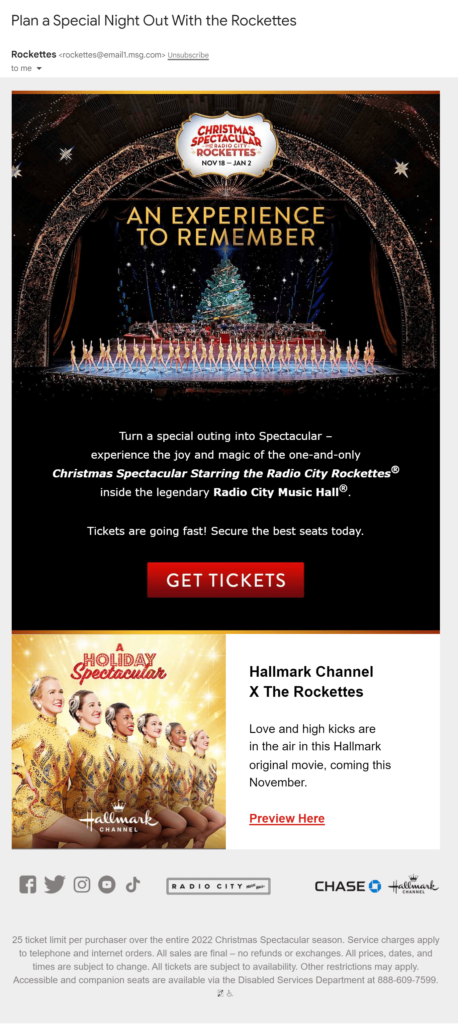 Email inviting celebrate the special rockettes show before Christmas