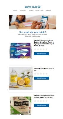 Dynamic content email from Sam's club with recent purchases