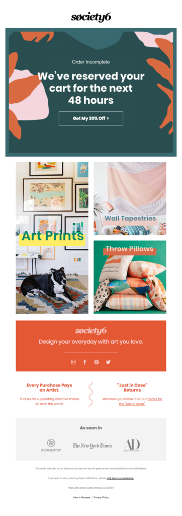 Society 6 talks about return policy in abandoned cart email