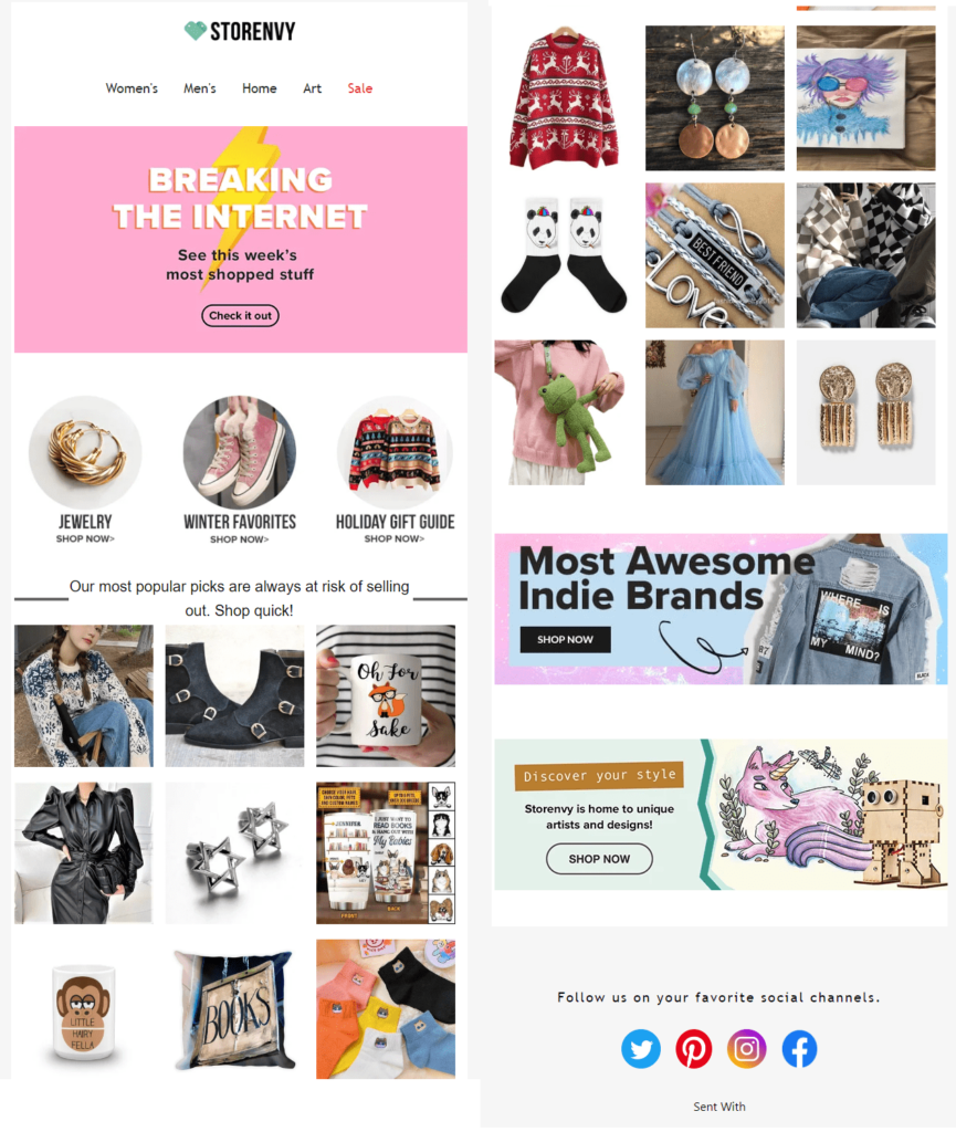 Store Envy email showing top sellers in time for the holidays