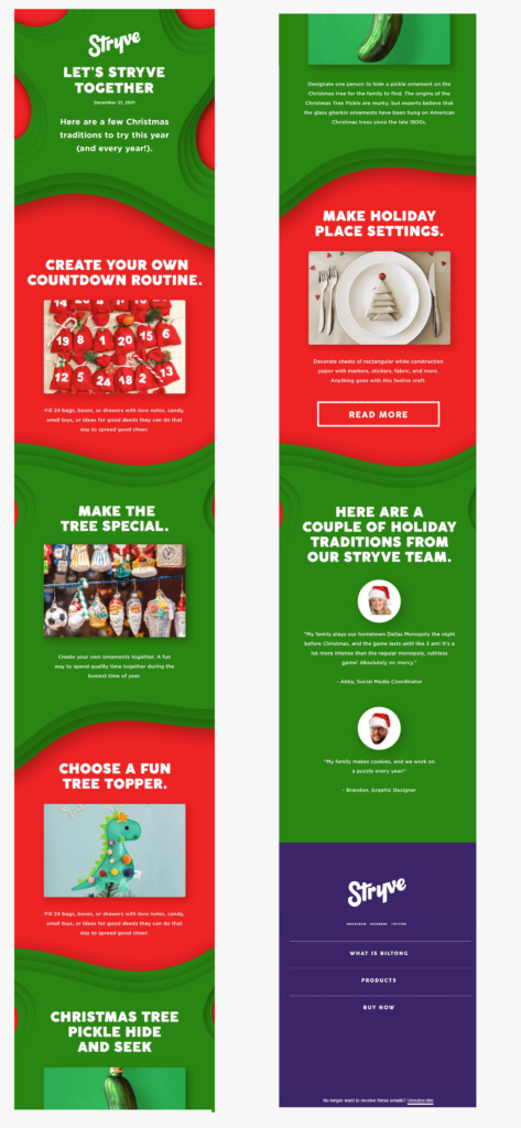 Green and red colors are prominent in this Christmas newsletter from Stryve