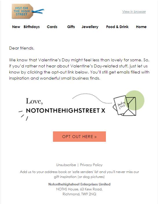 Email offering to opt-out from valentine's day communications