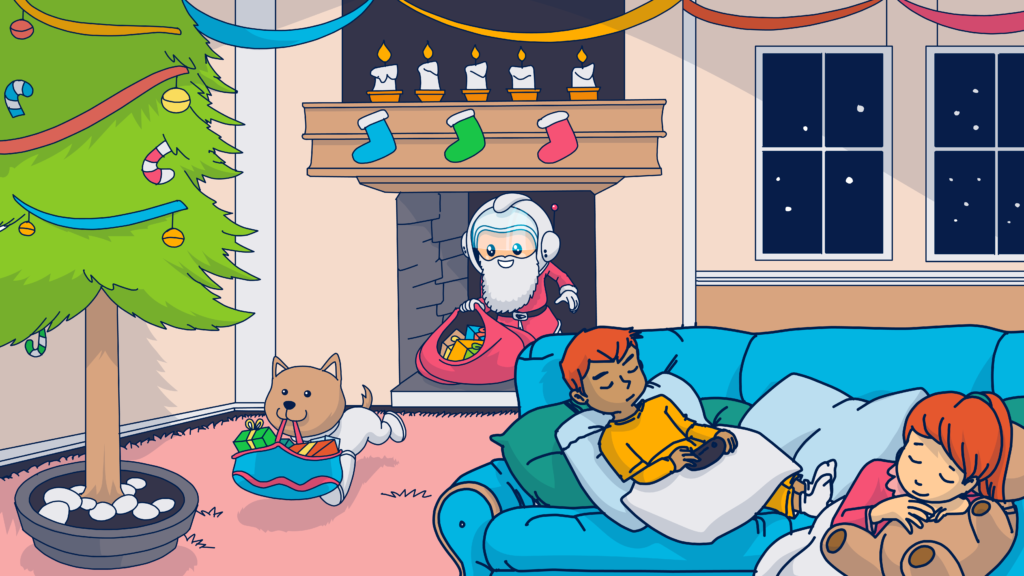 Ziggy's placing Christmas presents under the tree