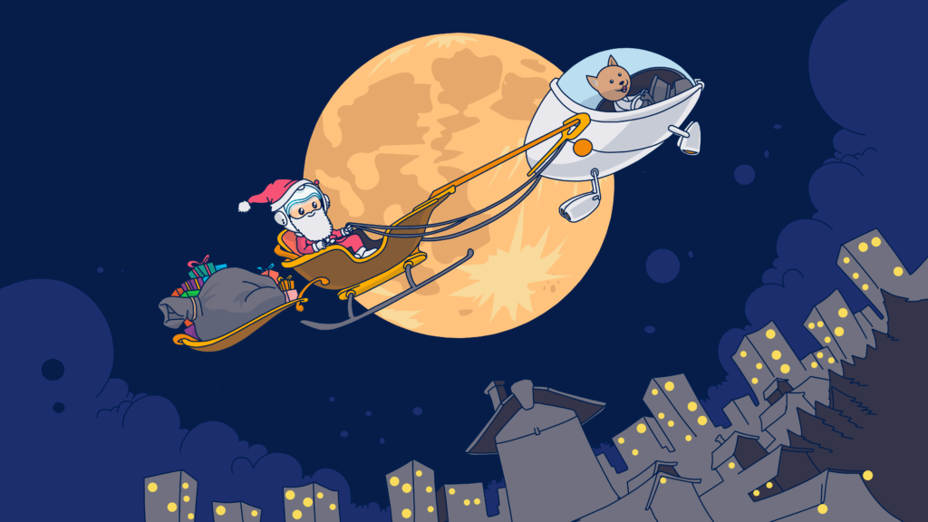 Ziggy's riding the sleigh with Comet carrying it