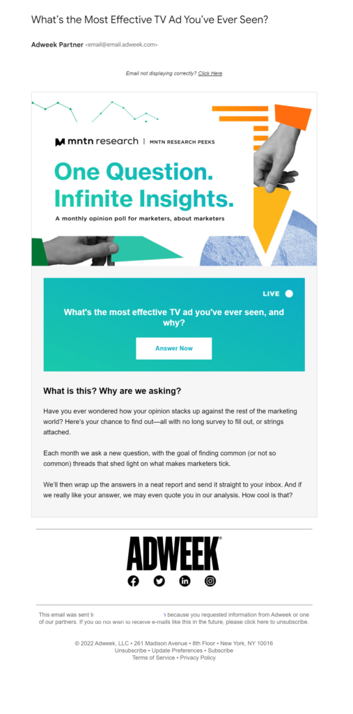 AdWeek asking a question in email to encourage engagement