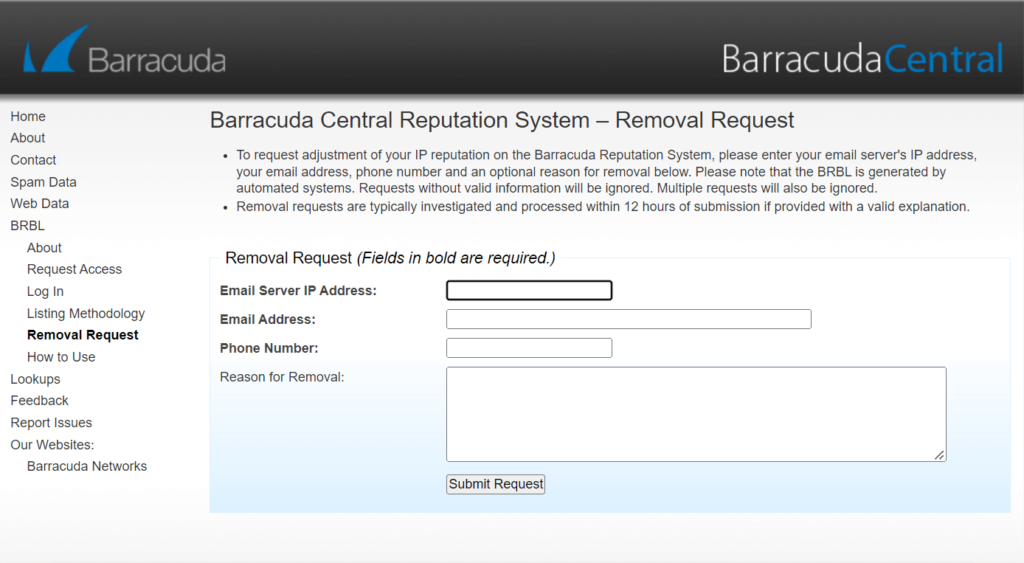 Email blacklist removal form by Barracuda