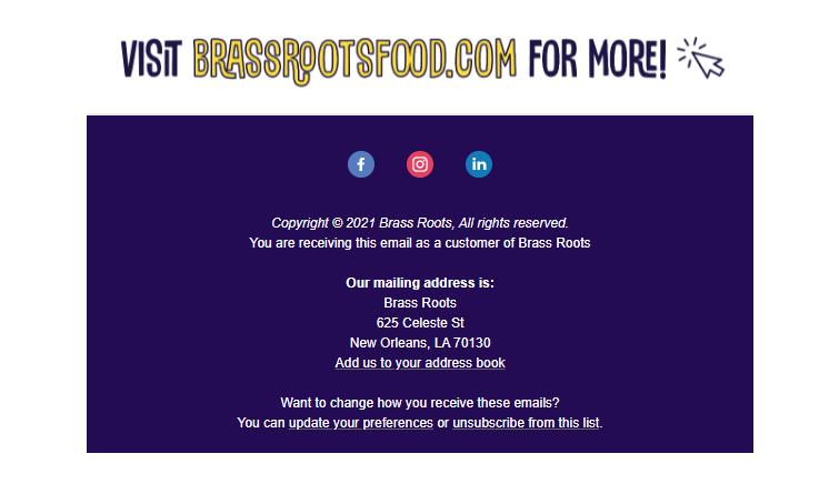 Email from Brass Roots with unsubscribe link in the footer
