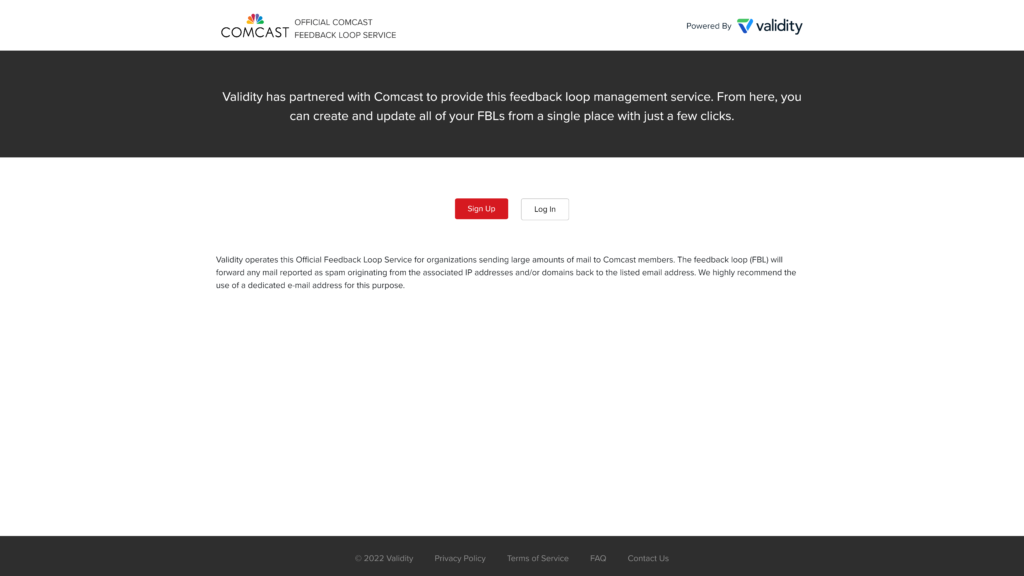 Comcast feedback loop signup page