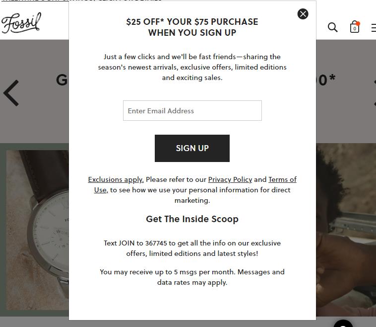 Fossil's sign-up form asks for consent