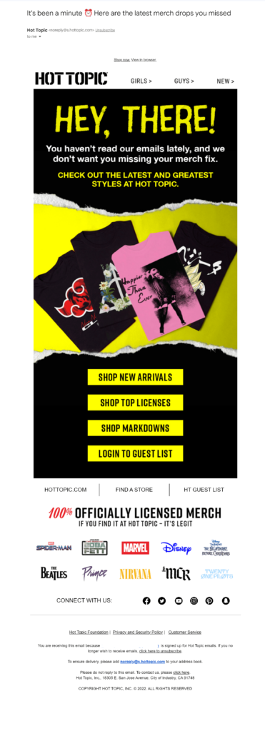 Hot Topic's re-engagement email shows readers what's new