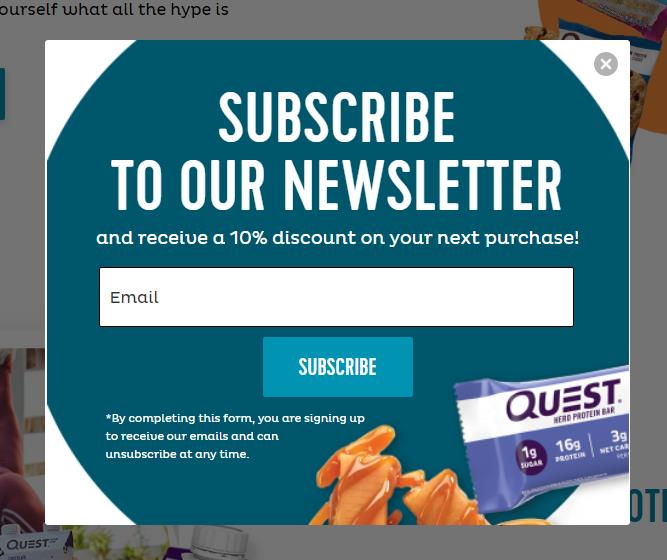 Quest Nutrition's sign up form first-purchase discount