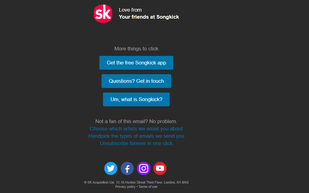 Preference center example from Songkick's email footer