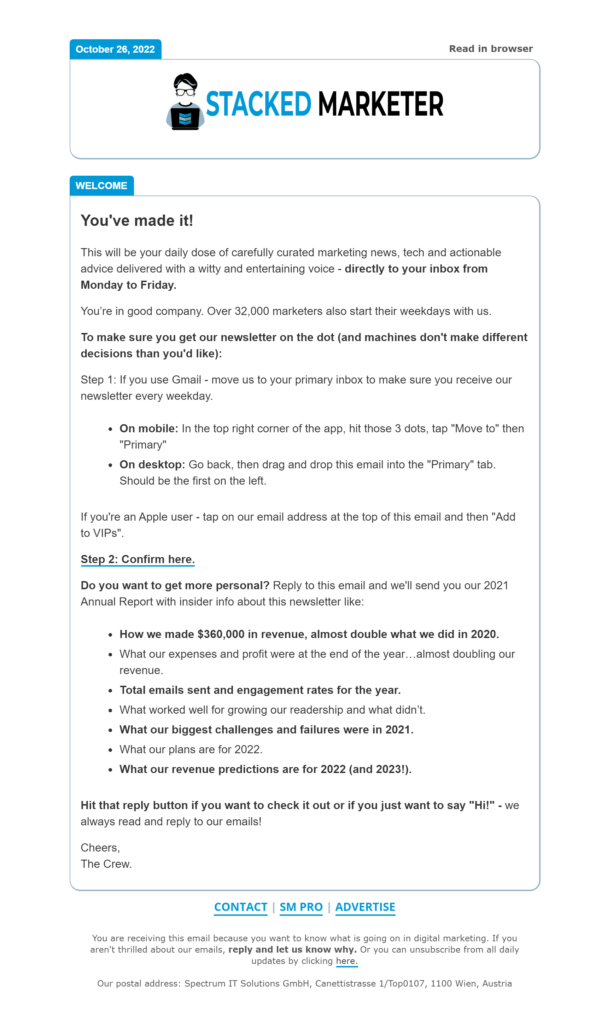 Engaging welcome email via Stacked Marketer