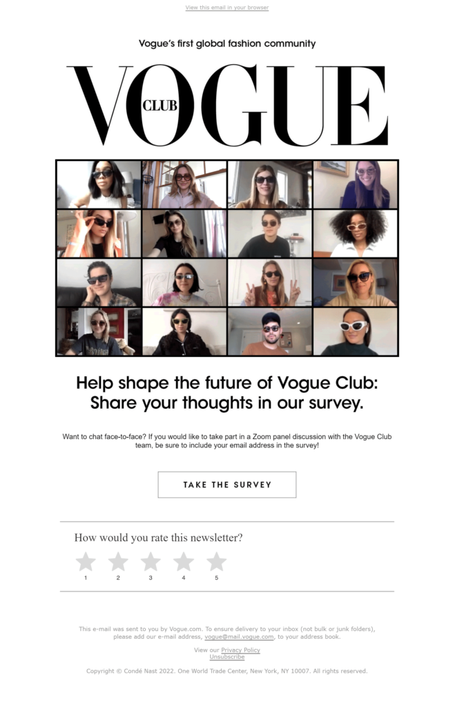 Vogue's email asks for subscribers' feedback