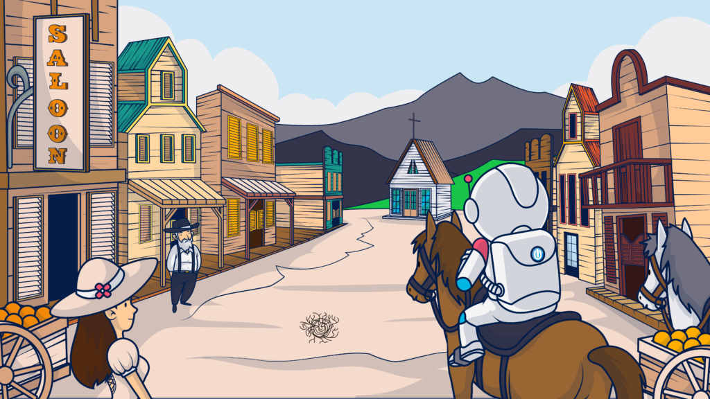 Ziggy enters a wild west town on horseback