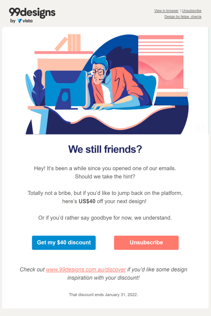 Creative re-engagement email from 99designs asking 