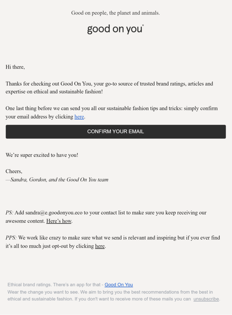Double opt-in example from Good on You