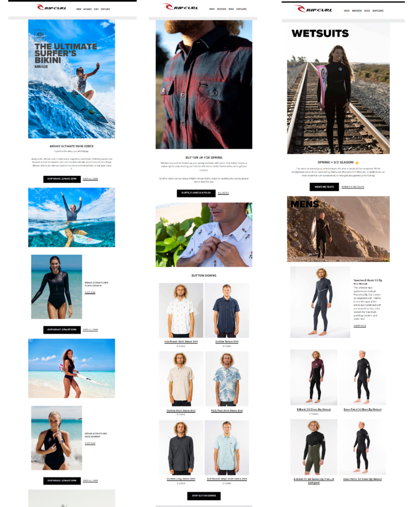 Rip Curl emails showing various products for different buyer personas