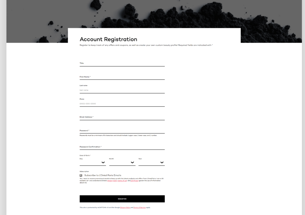 Loreal Paris account registration page