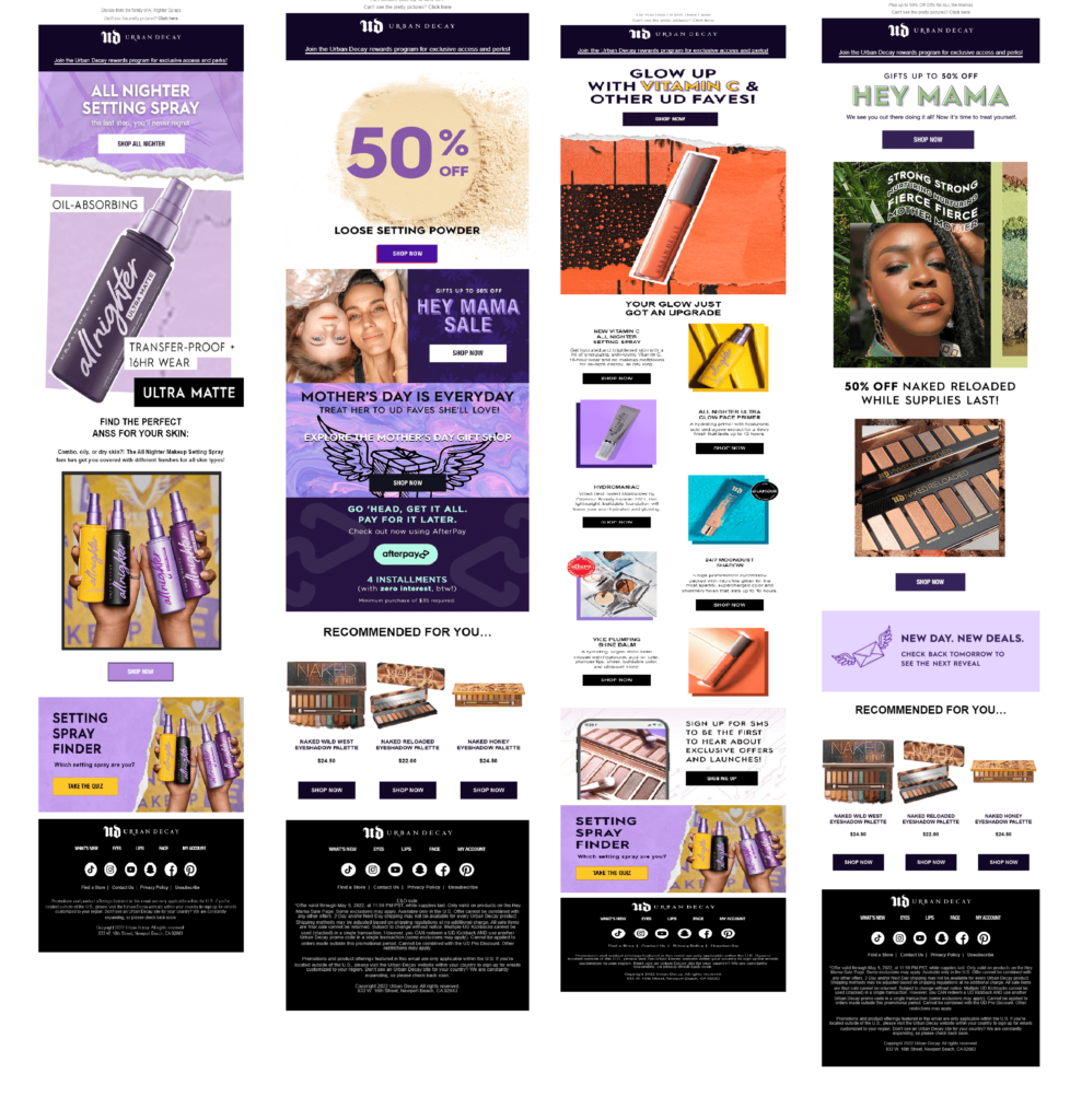 Variety of emails from Urban Decay