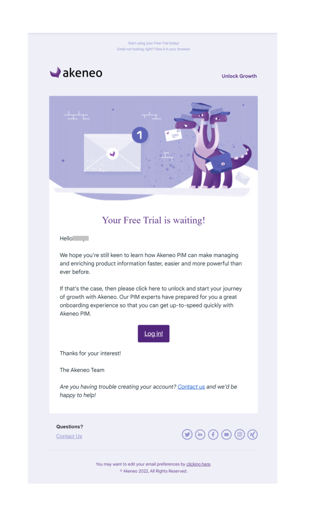 Akeneo onboarding email reminds users about free trial