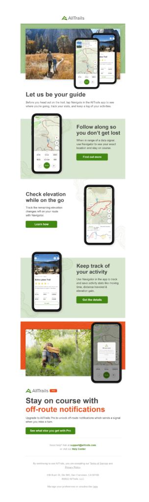 AllTrails welcome email contains tooltips