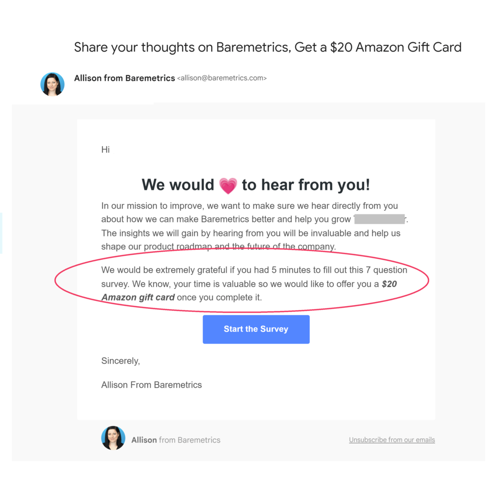 Baremetrics asks for feedback and offers incentive