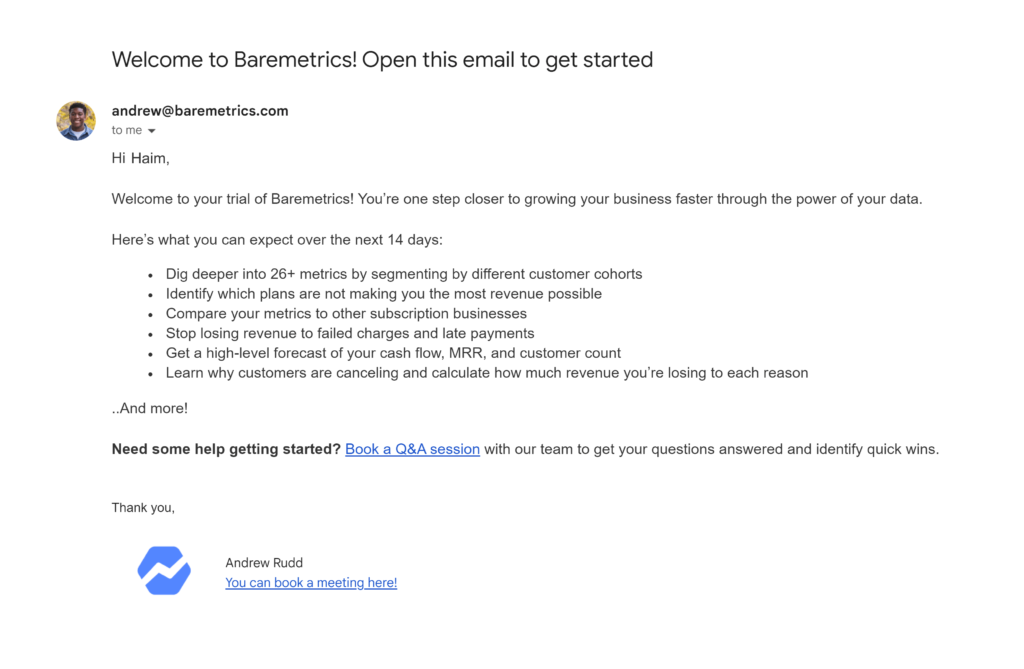 Baremetrics welcome email sets expectations for the free trial