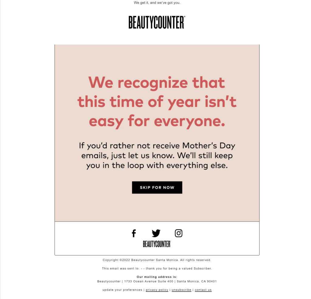 Beautycounter invites subscribers to opt out of Mother's Day-related newsletters