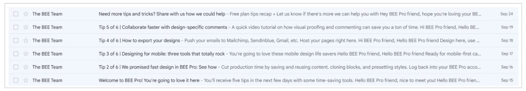BeeFree's onboarding emails provide insightful tips